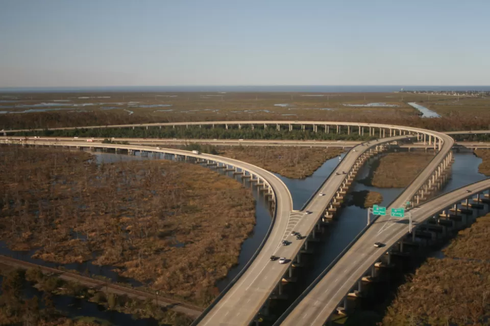 Aerial view of I-10 junction over swamp near New Orleans, Louisiana